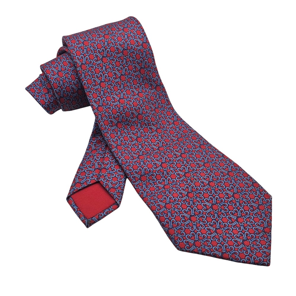 Hermes Silk Tie Red Blue Geometric Scroll Executive Old Money French Luxury Flaw